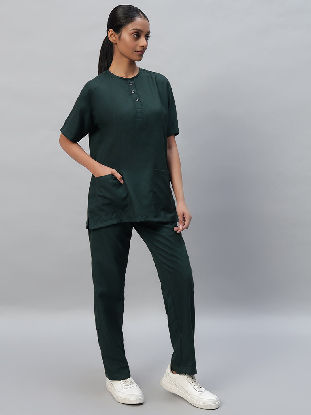 All-Day Half Sleeve Round Neck 3 Buttons Medical Scrubs - Female