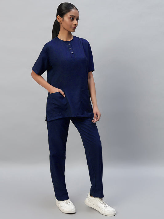 Navy Blue All-Day Half Sleeve Round Neck 3 Buttons Medical Scrubs - Female