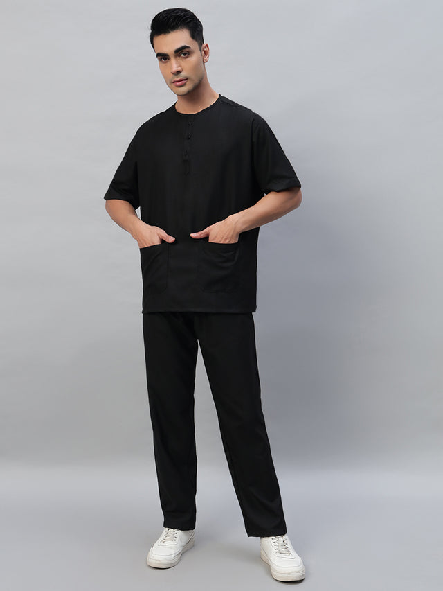 Black  All-Day Half Sleeve Round Neck 3 Buttons Medical Scrubs - Male