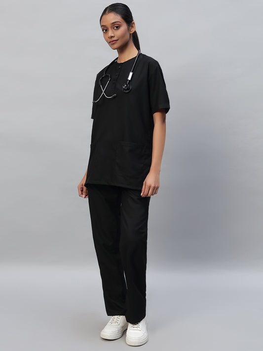 Black All-Day Half Sleeve Round Neck 3 Buttons Medical Scrubs - Female