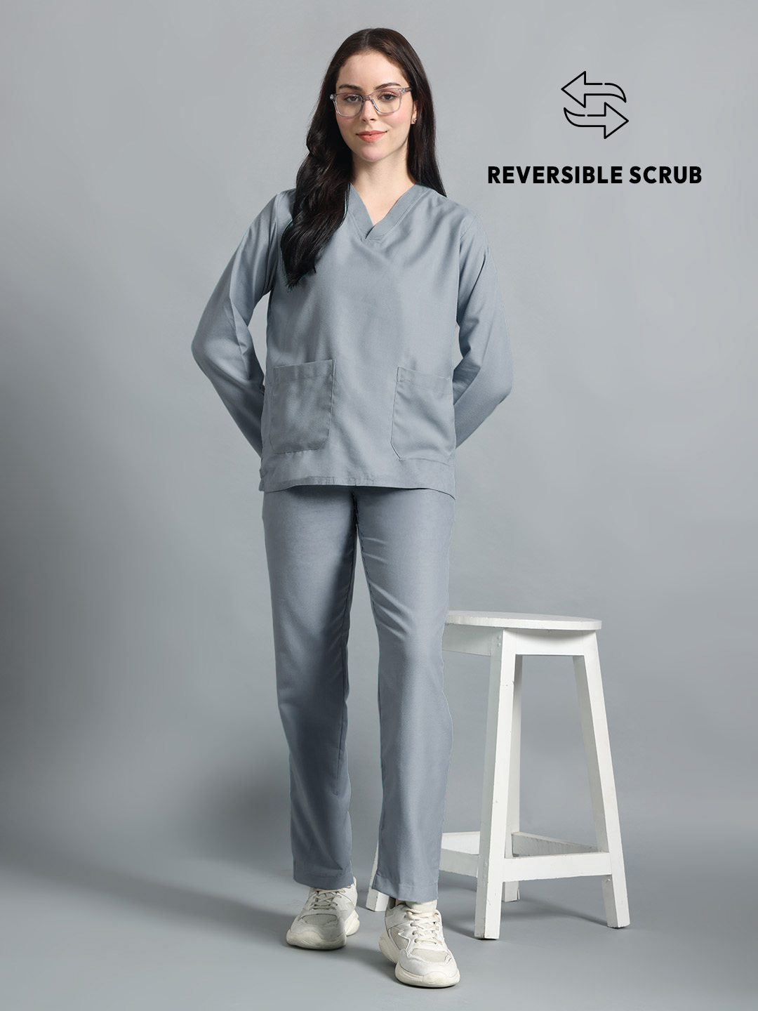 Light Grey Reversible Full Sleeve Medical Scrubs - Female