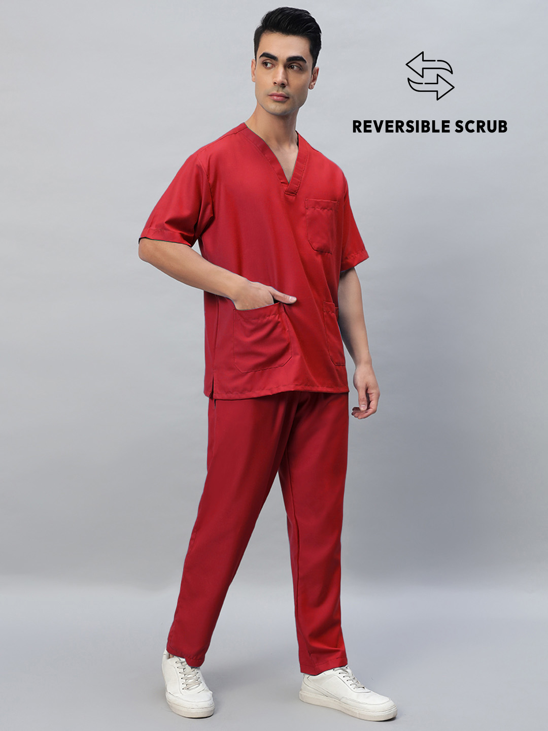 Red Reversible Half Sleeve Medical Scrubs - Male