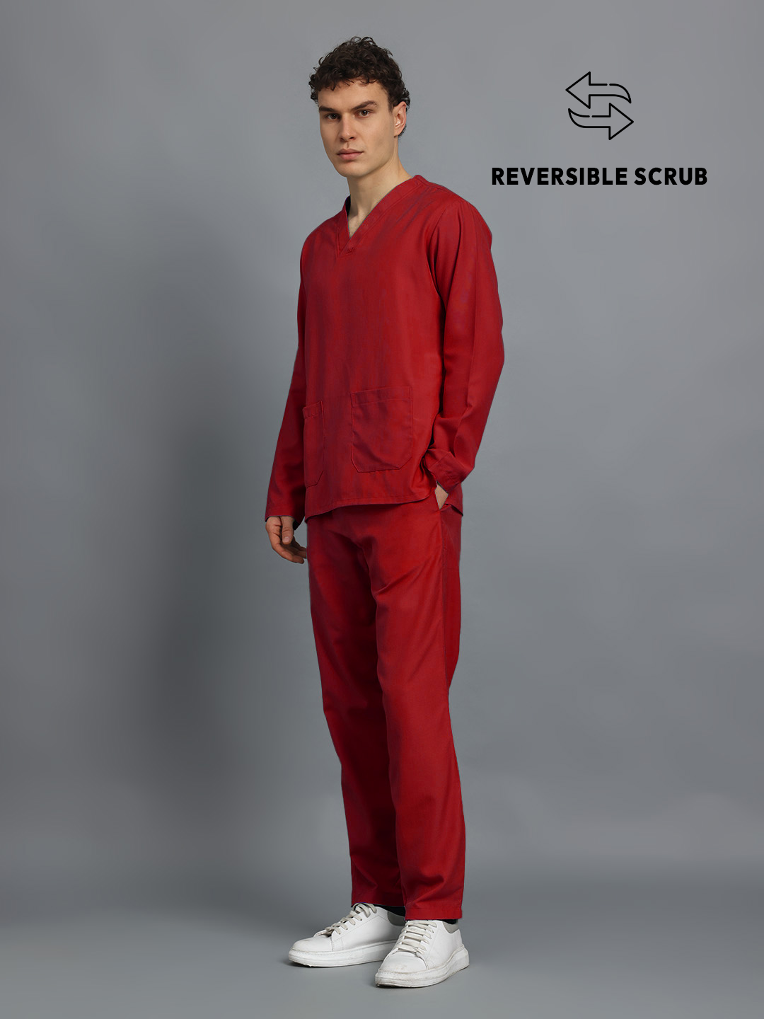 Red Reversible Full Sleeve Medical Scrubs - Male