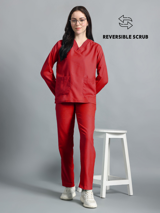 Red Reversible Full Sleeve Medical Scrubs - Female