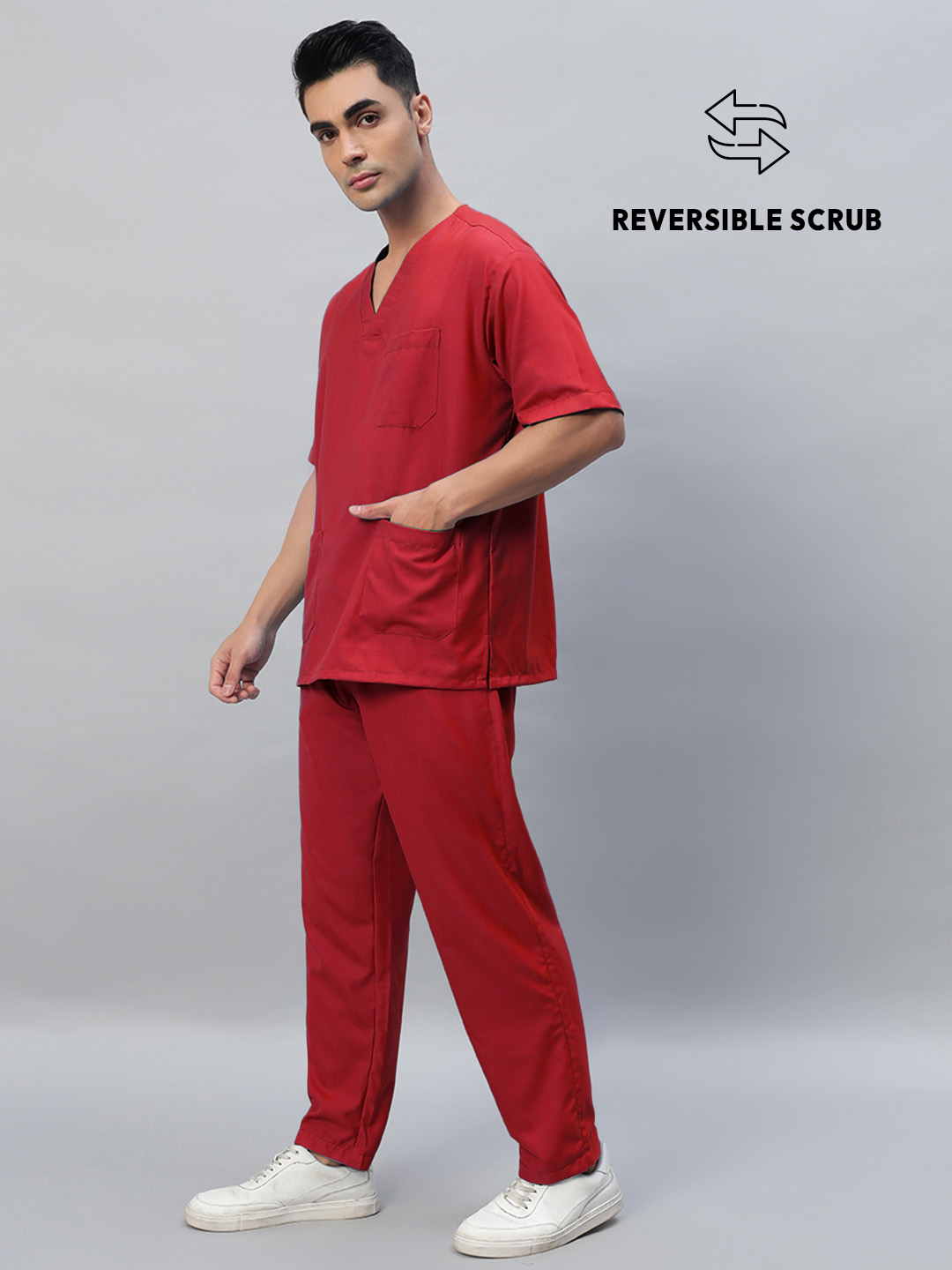 Red Reversible Half Sleeve Medical Scrubs - Male