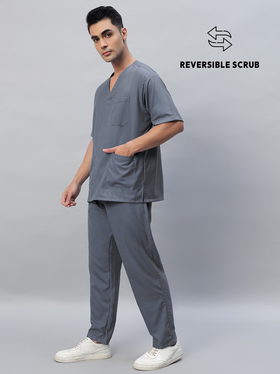 Dark Grey Reversible Half Sleeve Medical Scrubs - Male