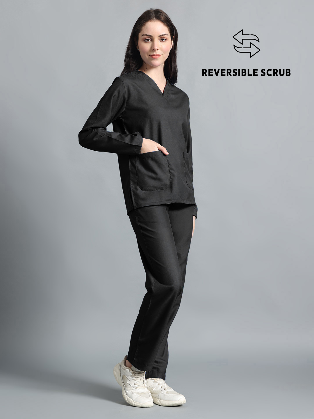 Black Reversible Full Sleeve Medical Scrubs - Female