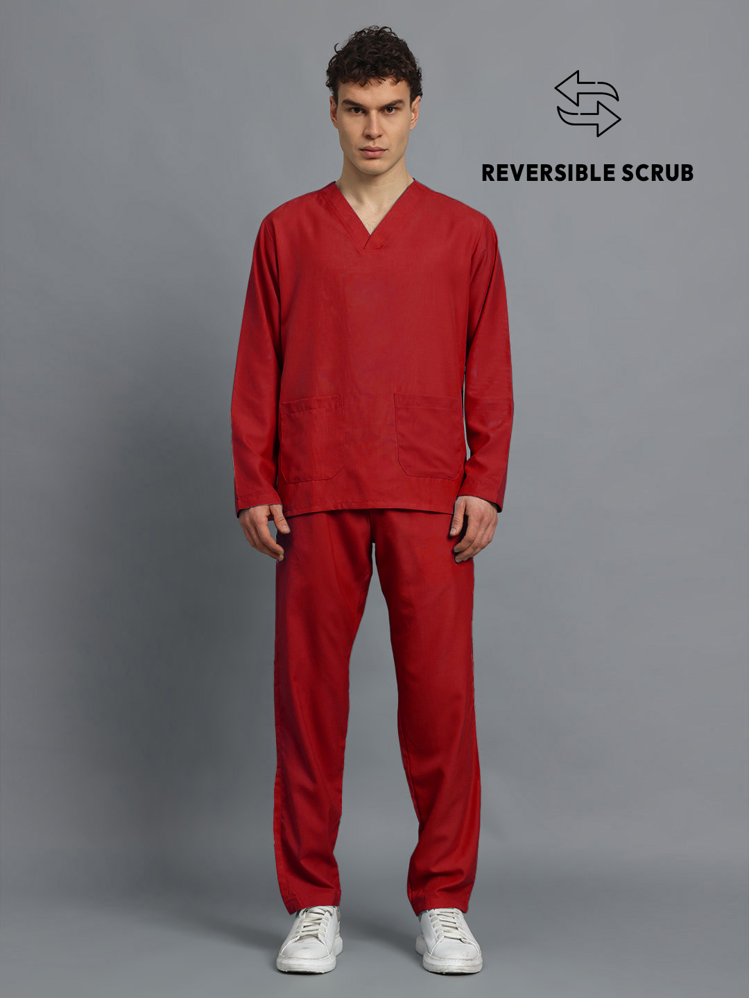 Red Reversible Full Sleeve Medical Scrubs - Male