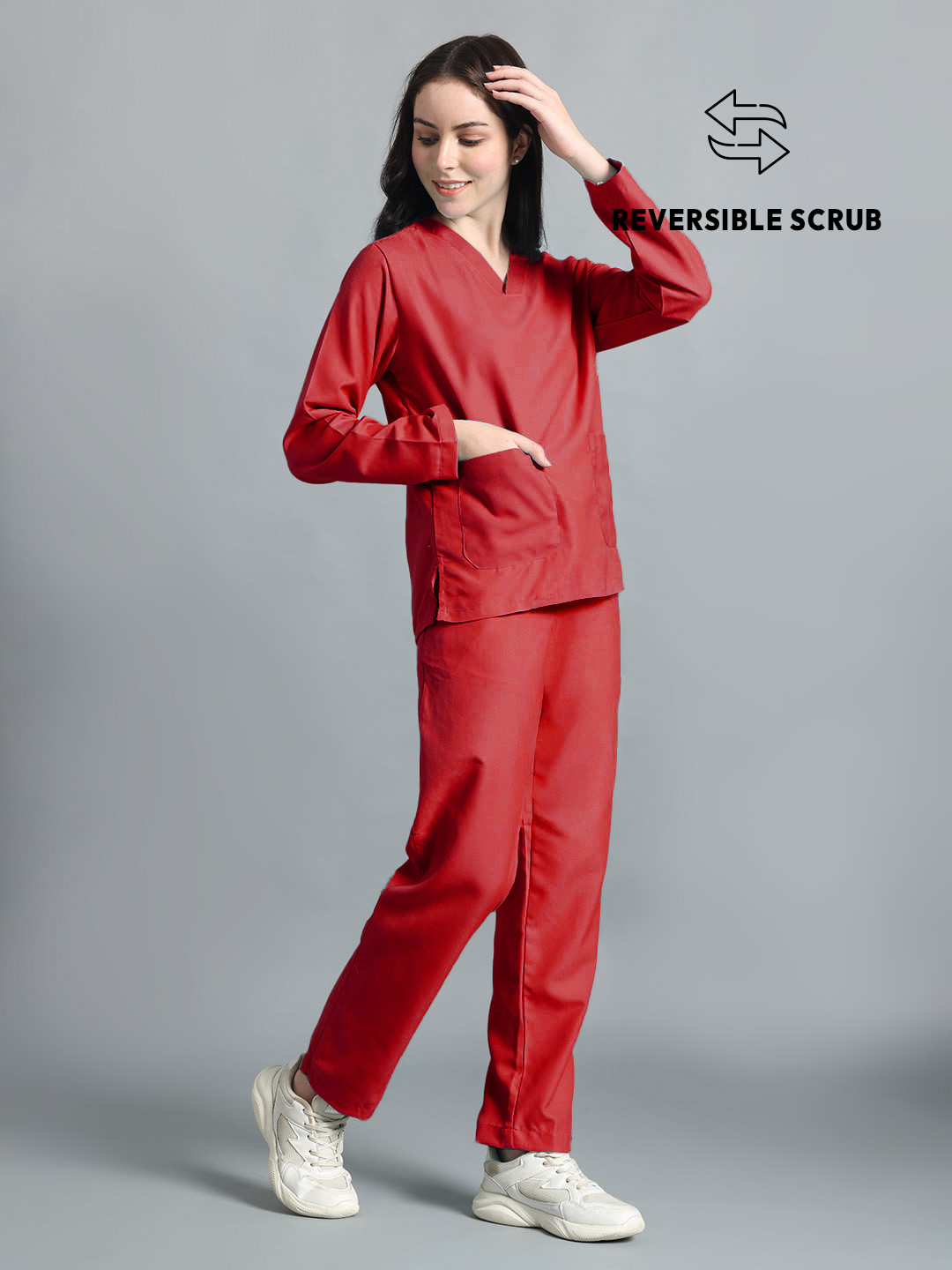 Red Reversible Full Sleeve Medical Scrubs - Female