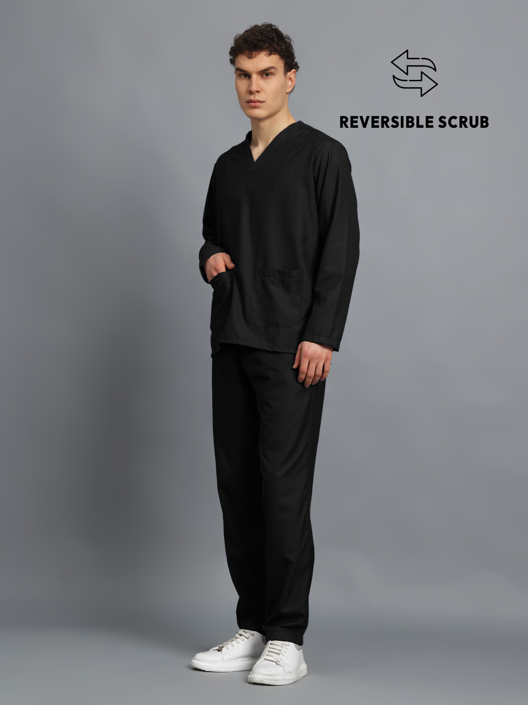 Black Reversible Full Sleeve Medical Scrubs - Male