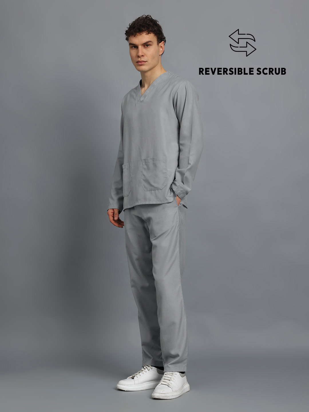 Light Grey Reversible Full Sleeve Medical Scrubs - Male