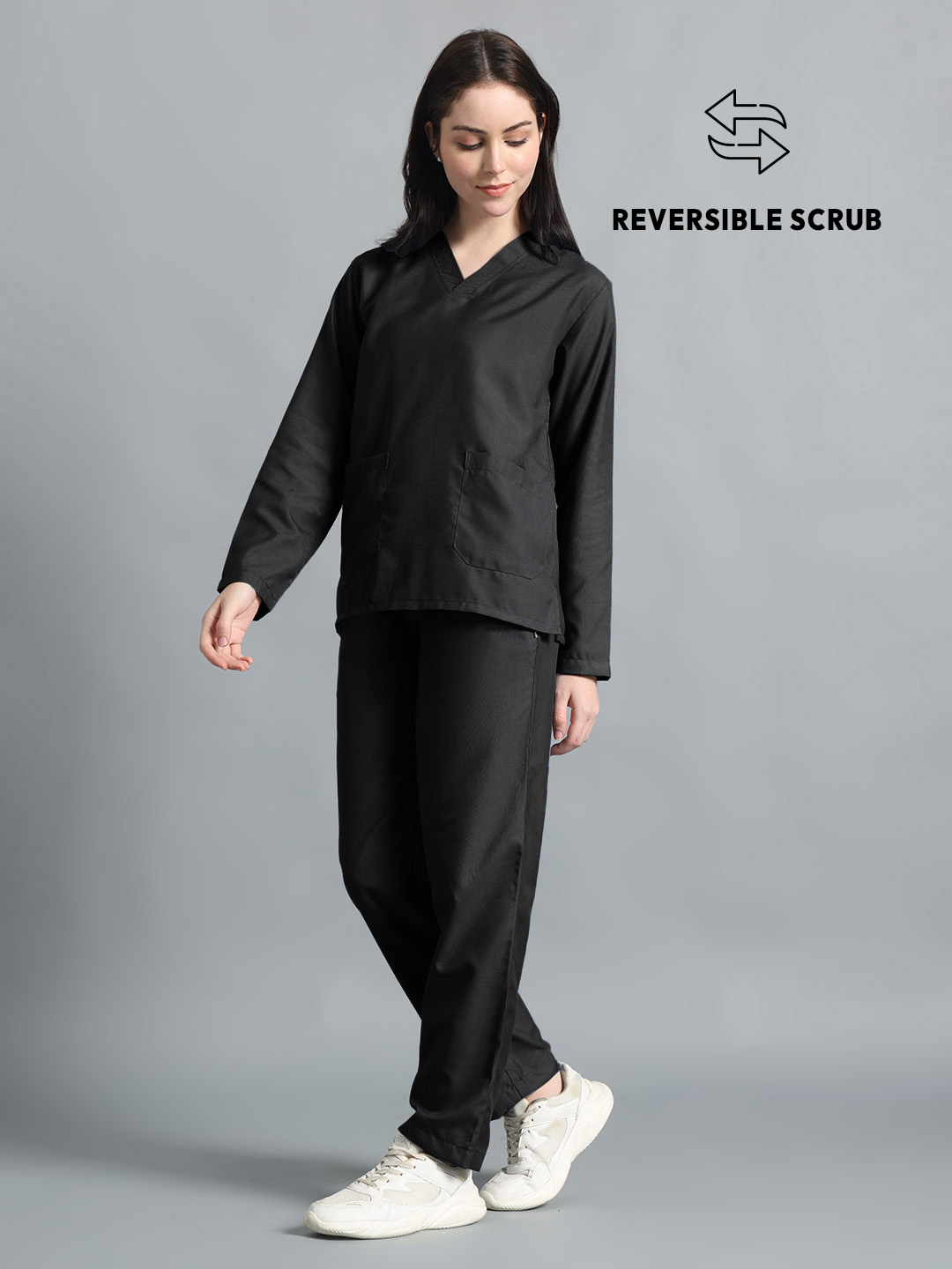 Black Reversible Full Sleeve Medical Scrubs - Female