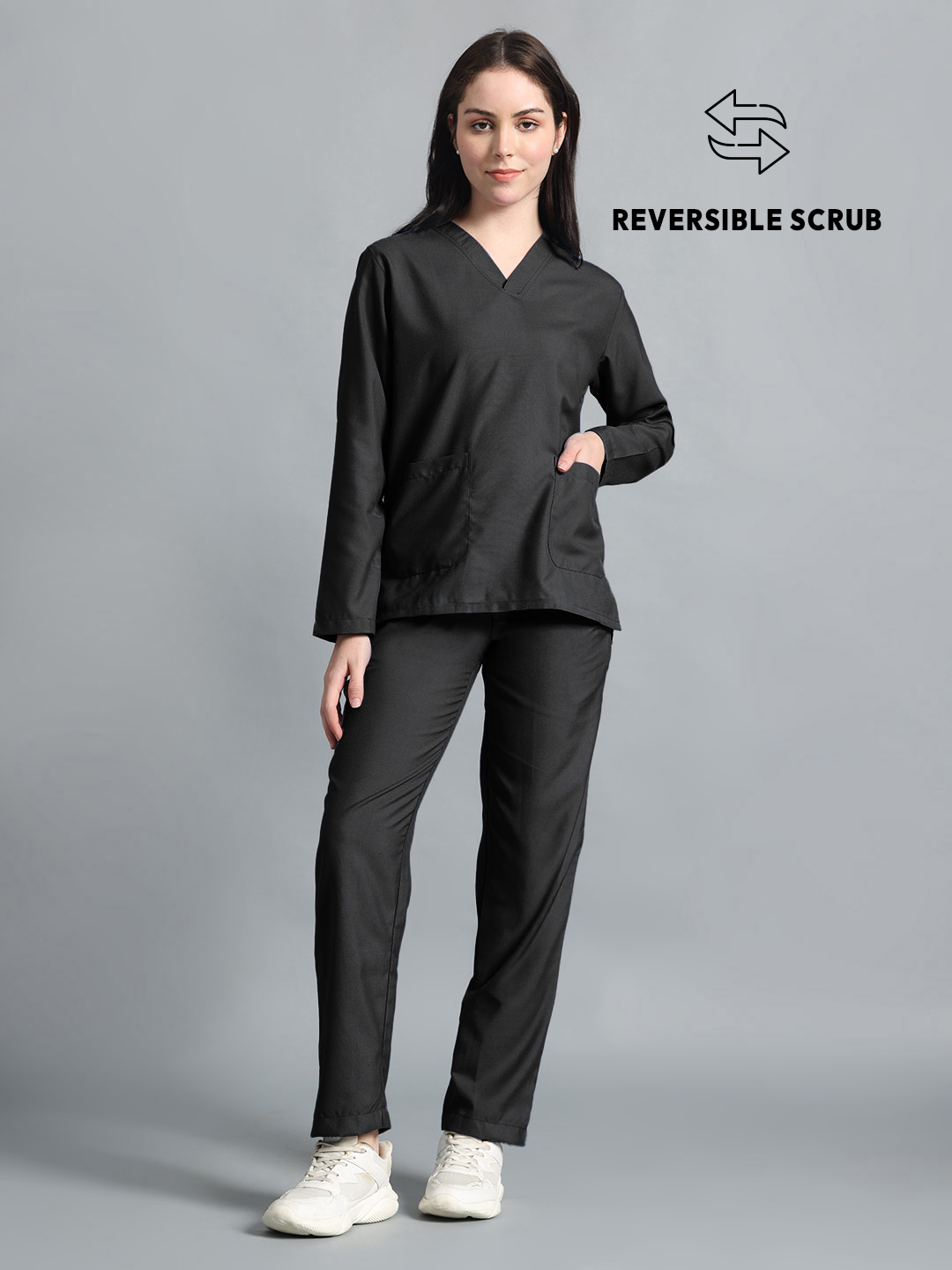 Black Reversible Full Sleeve Medical Scrubs - Female