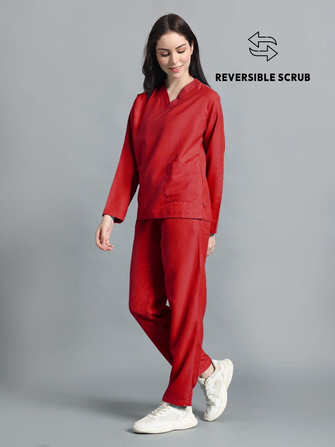 Red Reversible Full Sleeve Medical Scrubs - Female