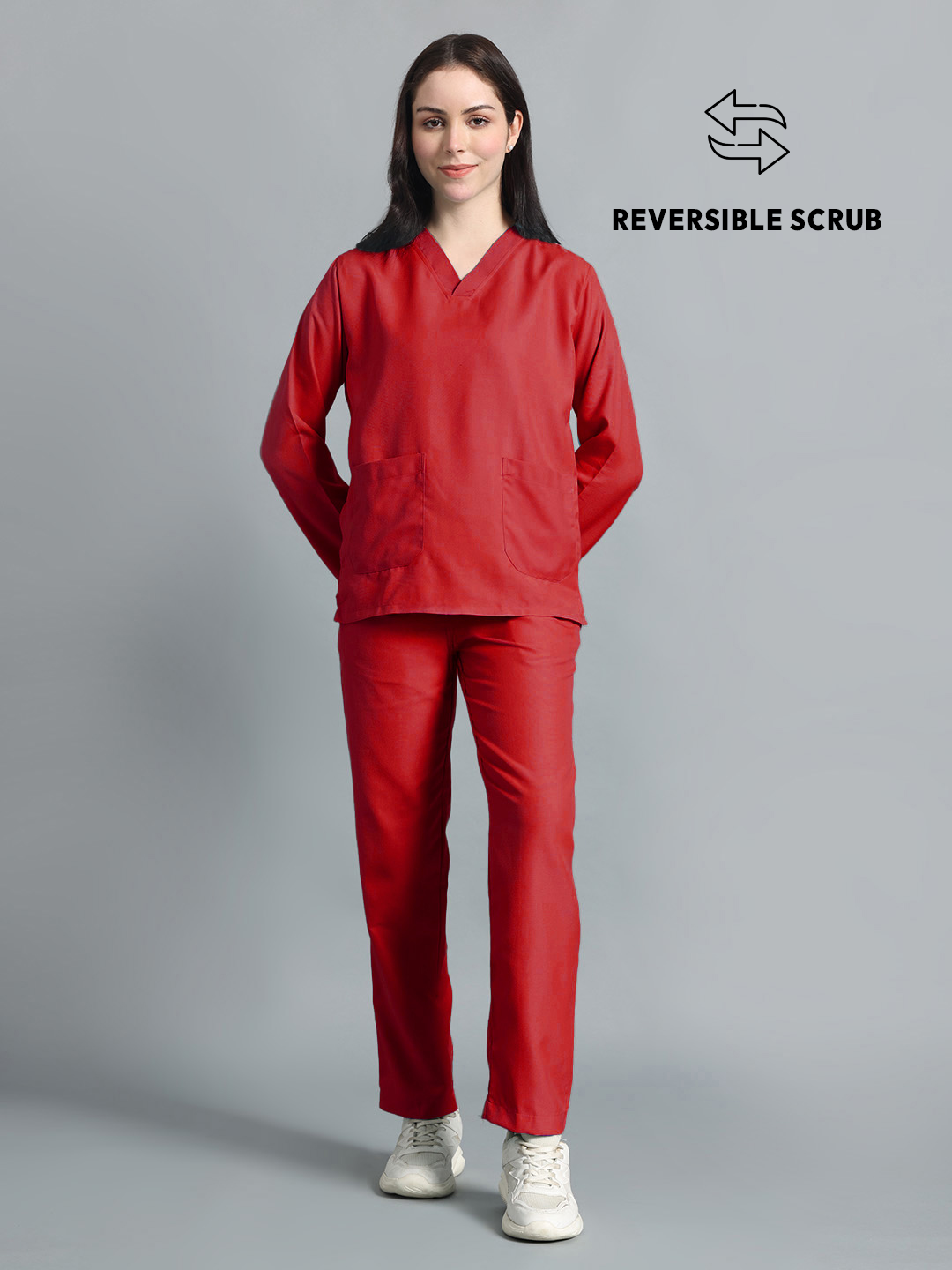 Red Reversible Full Sleeve Medical Scrubs - Female