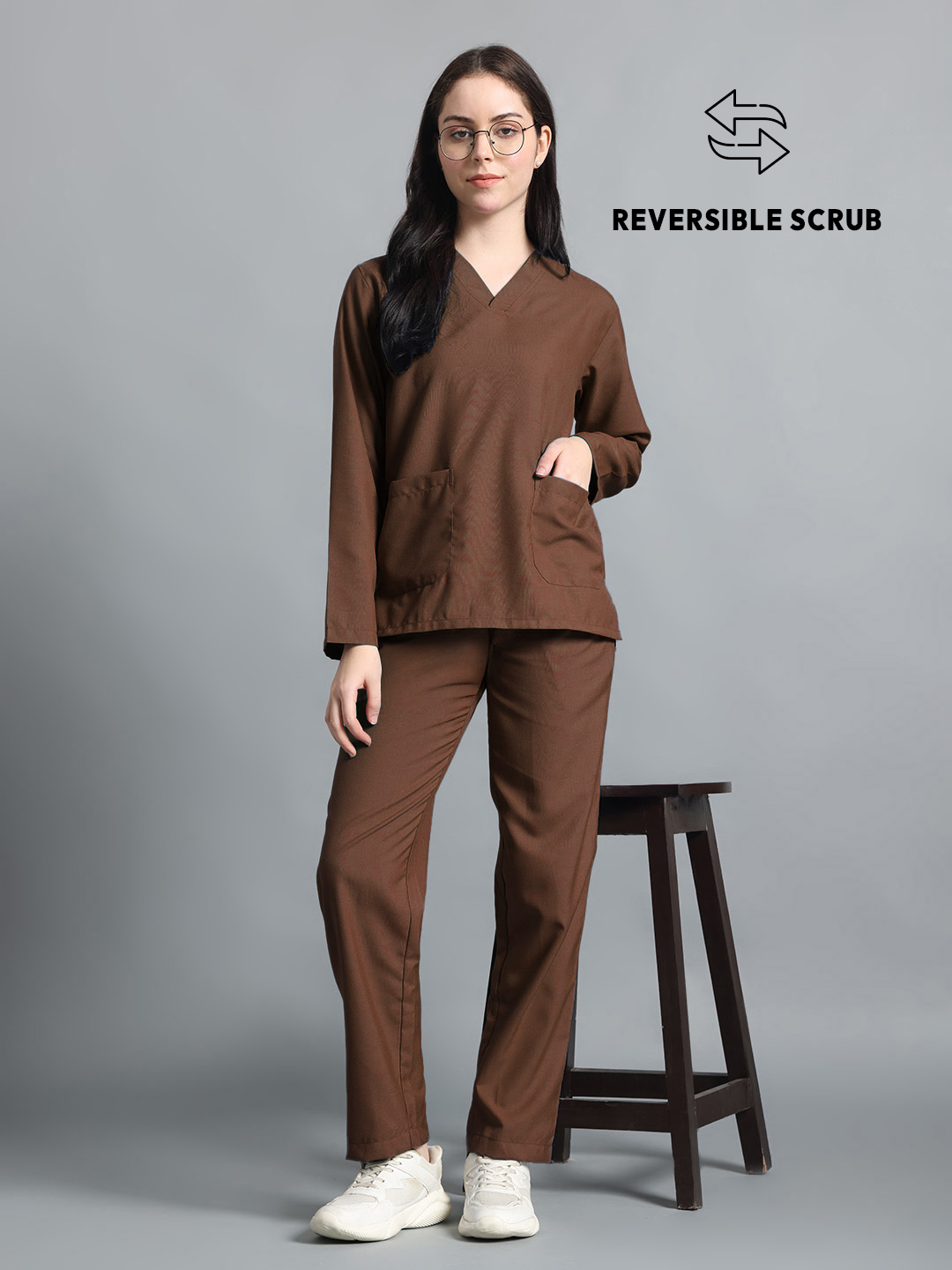 Brown Reversible Full Sleeve Medical Scrubs - Female