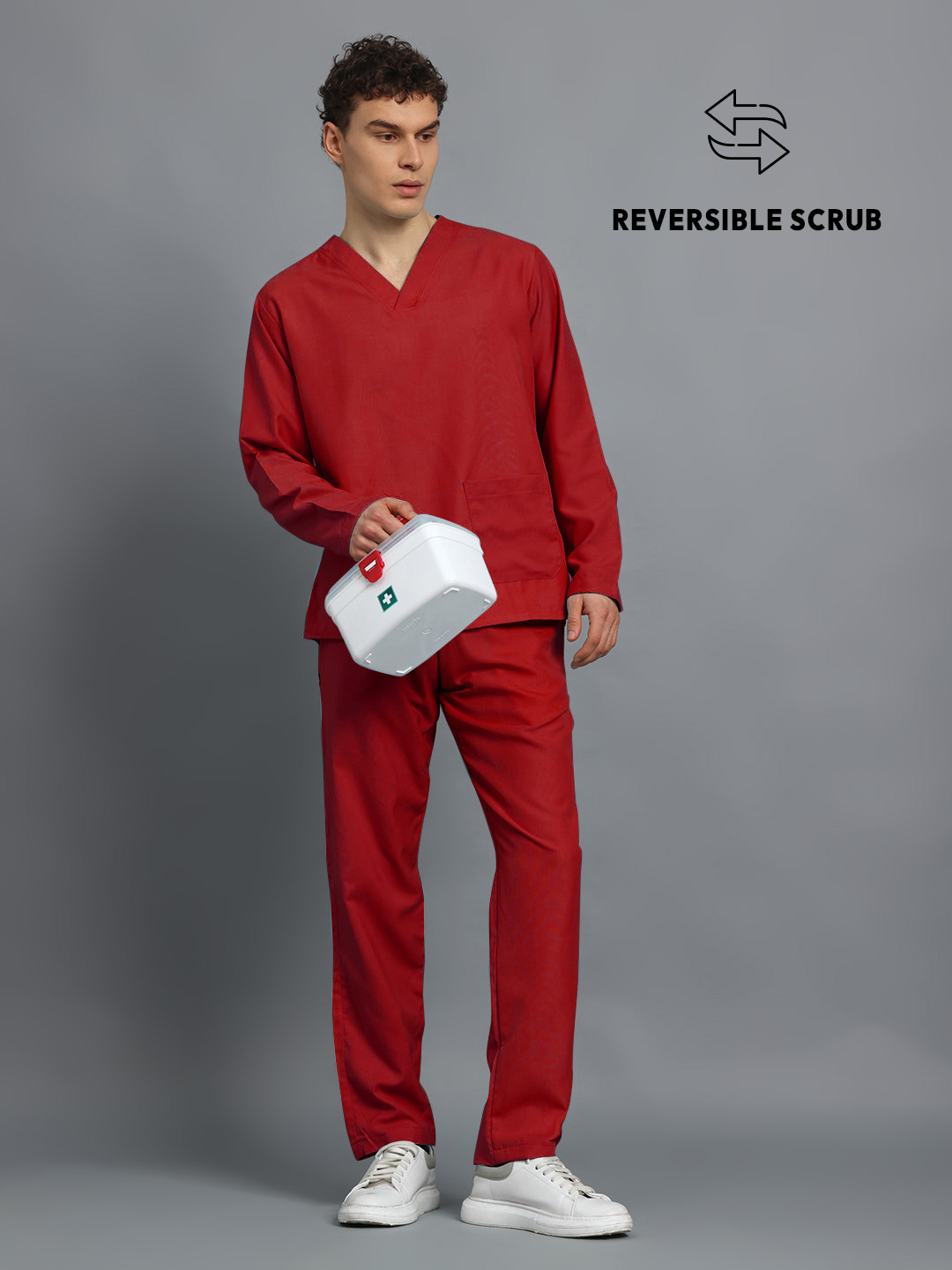 Red Reversible Full Sleeve Medical Scrubs - Male